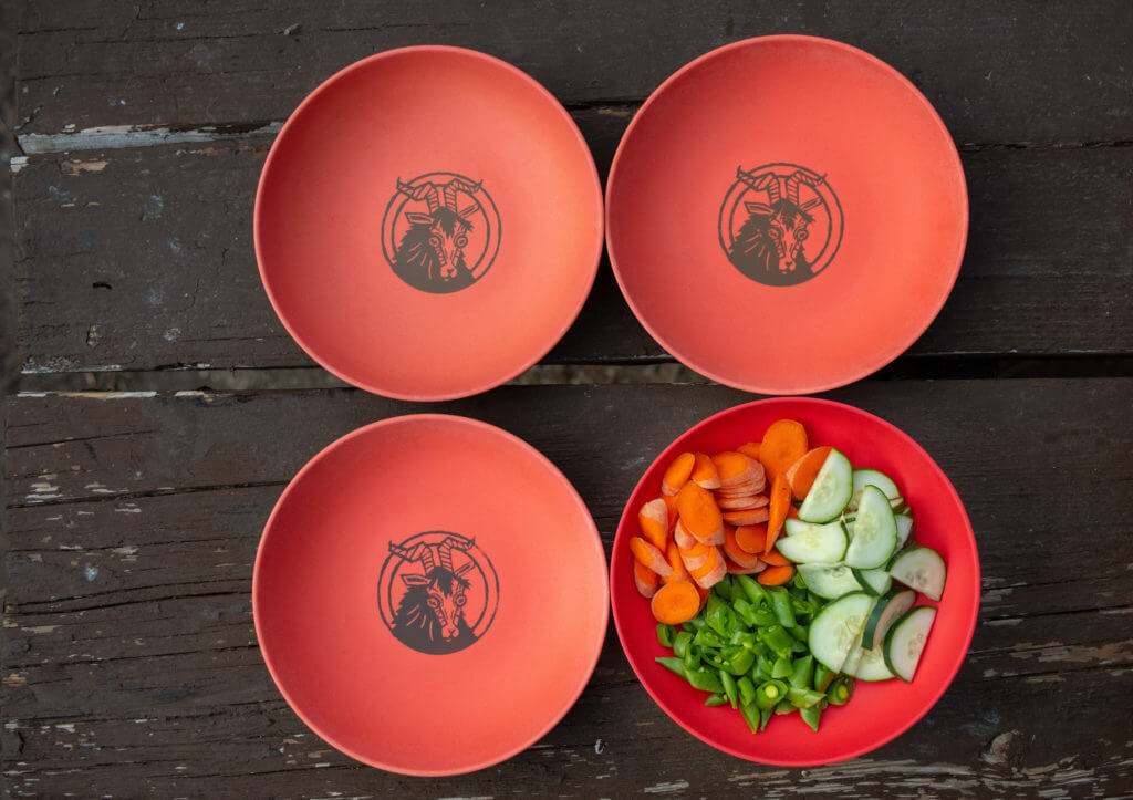 Pickathon bowls with vegetables against a picnic table.