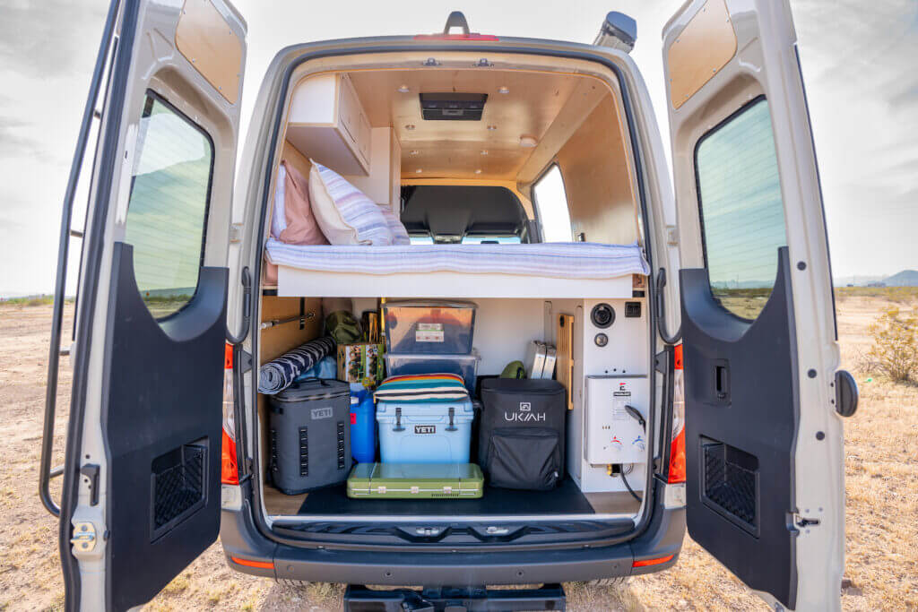camper van garage loaded with camping gear